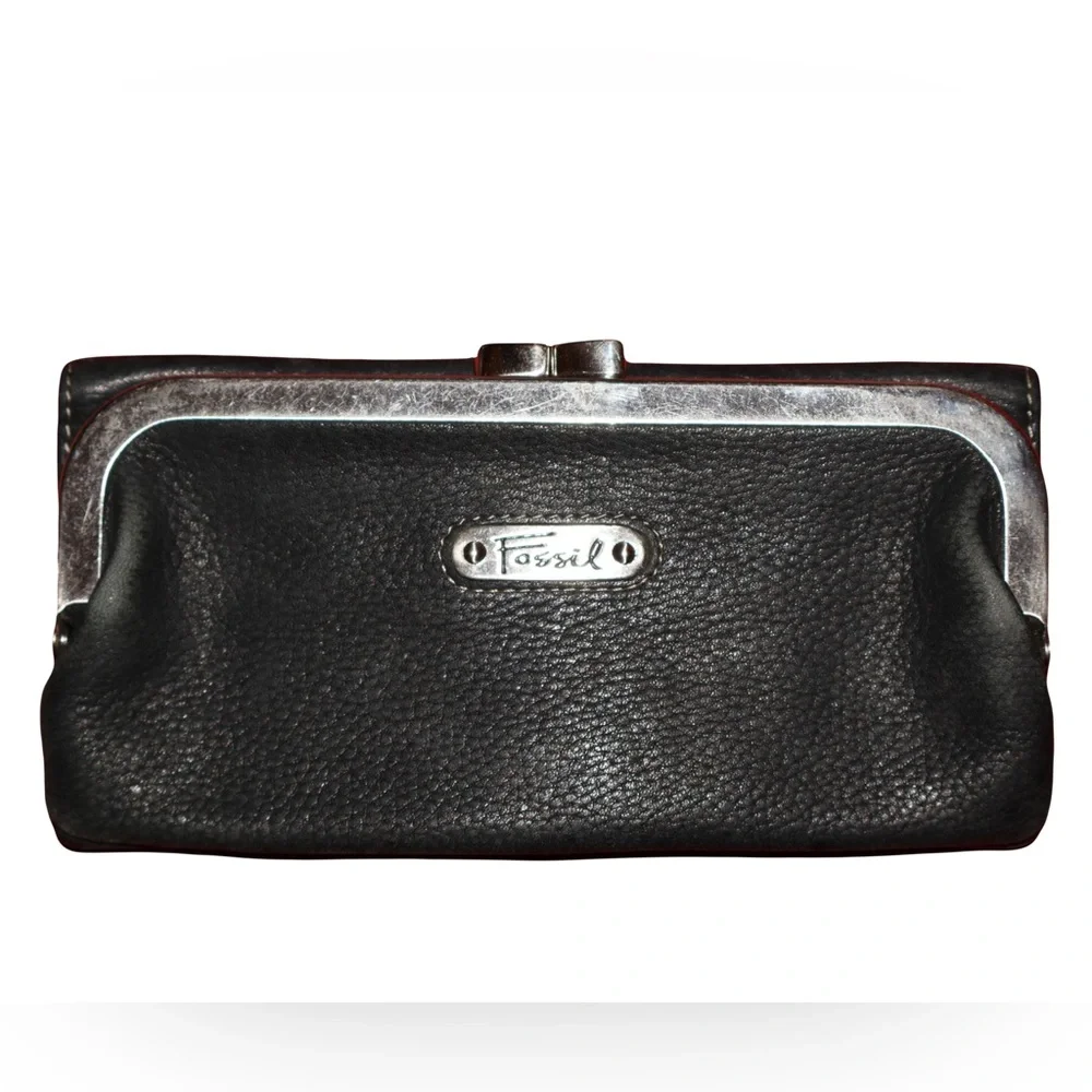 FOSSIL Olivia Checkbook Frame Kiss Lock Closure Black Leather Clutch - Picture 1 of 8